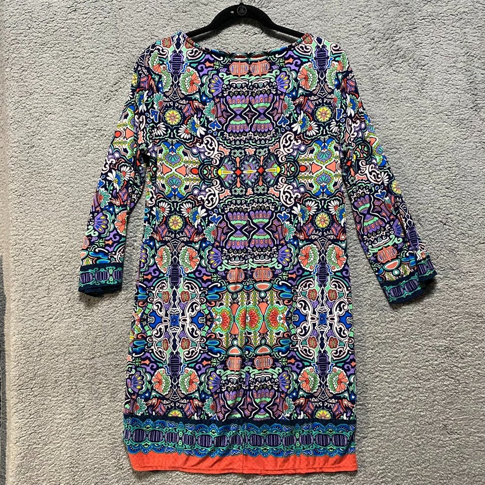 Premise Dress Size Medium Flower Print Stretch 3/4 Sleeve Lined Back Zipper.